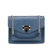 Geanta dama din piele naturala lacuita cu textura croco DiAmanti Sofia Albastru Denim